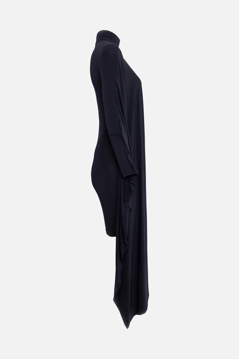 Pre-owned Balenciaga women's jumpsuit in black, side view, fitted sleeve and long draped panel.