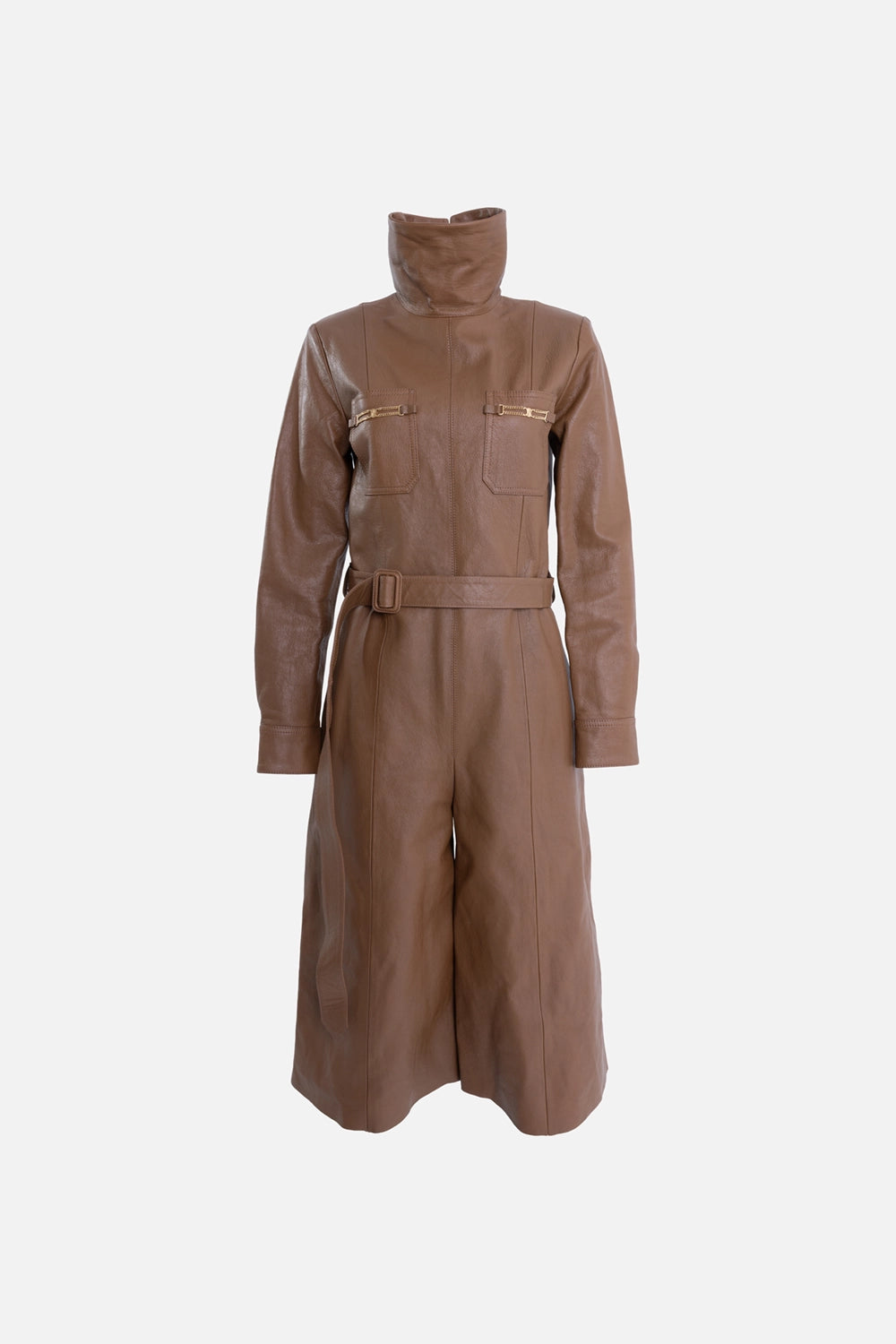 Pre-owned Celine jumpsuit in brown, front view, belted waist with mock neck and wide legs