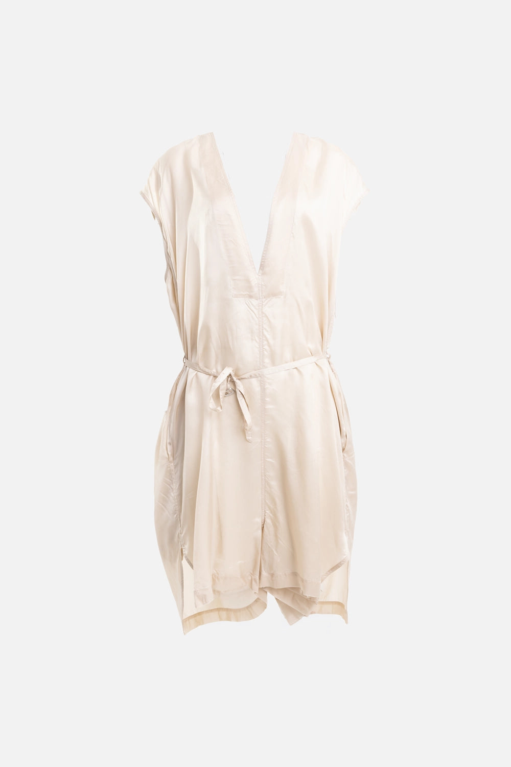 Rick Owens women's silk short jumpsuit in sand, front view full length, deep V-neck with self-tie waist
