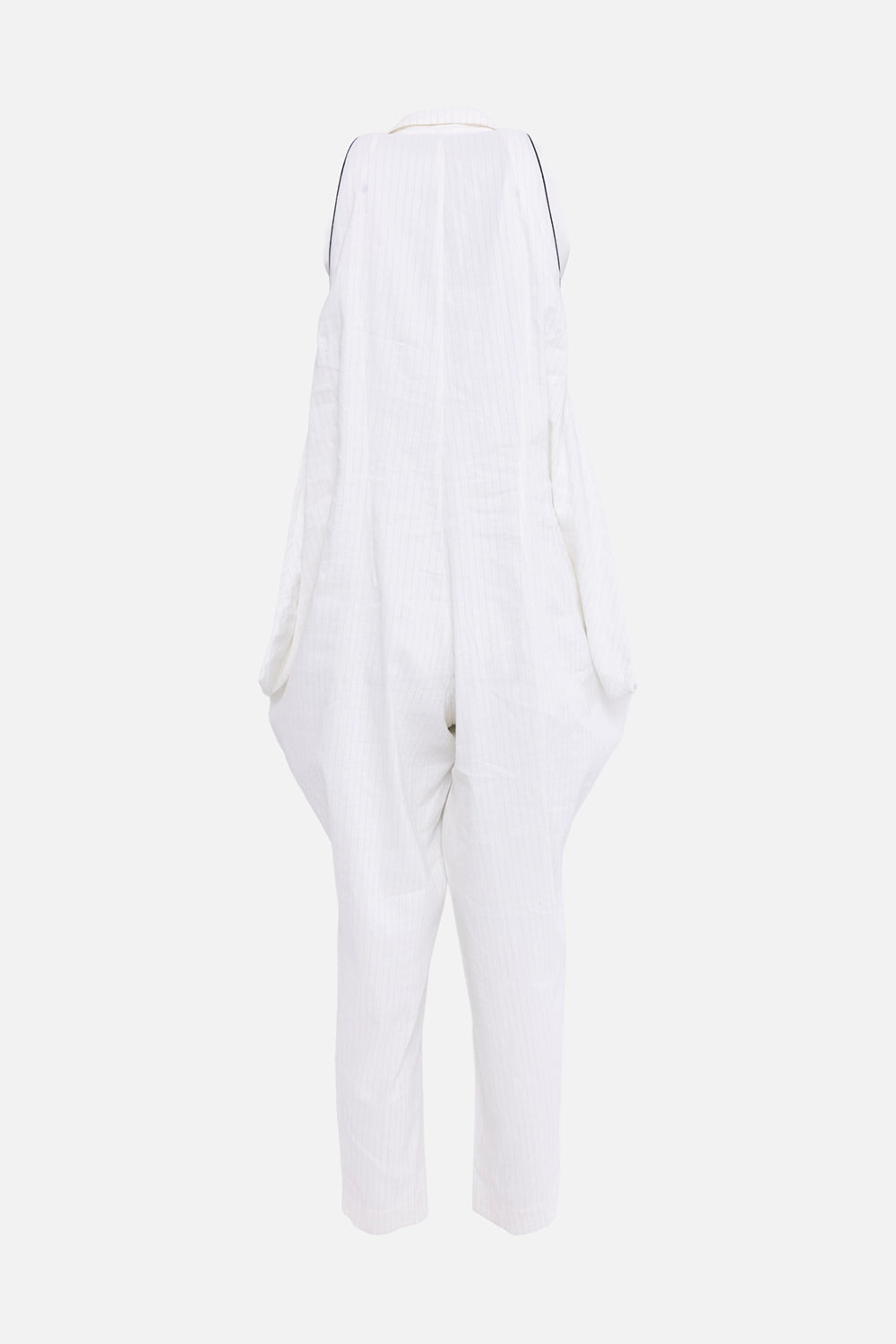 Pre-owned Gentry Portofino women's jumpsuit in white, back view, draped side panels and subtle pinstripe finish