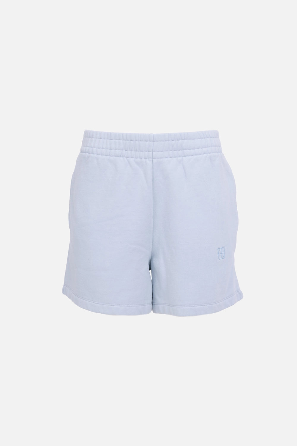 ANINE BING women's Kam sweat shorts in pale blue, front view with framed monogram
