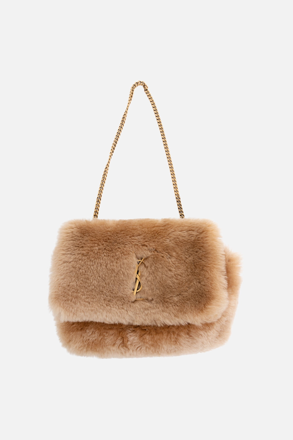 Pre-owned Saint Laurent women’s shoulder bag in camel, front view, shearling exterior with gold Cassandre logo