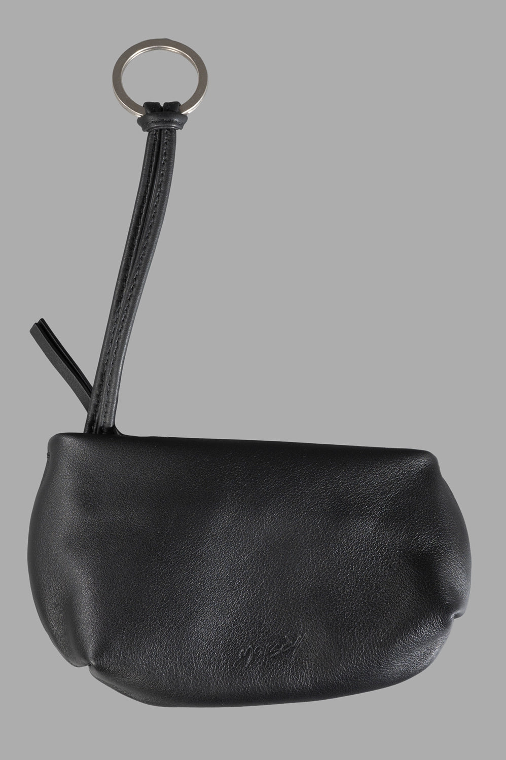 Marsèll key pouch in black, front view, metal key ring and leather strap