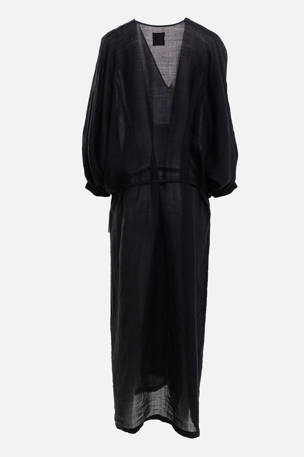 Fisico women kimono maxi dress in black, back view, sheer ramie fabric and elasticated cuffs