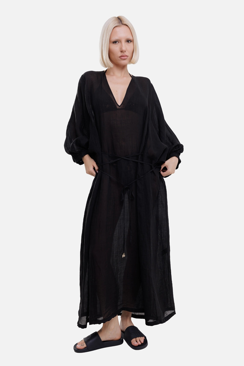 Fisico women kimono maxi dress in black, on-model full length, gold-tipped tie and wide sleeves