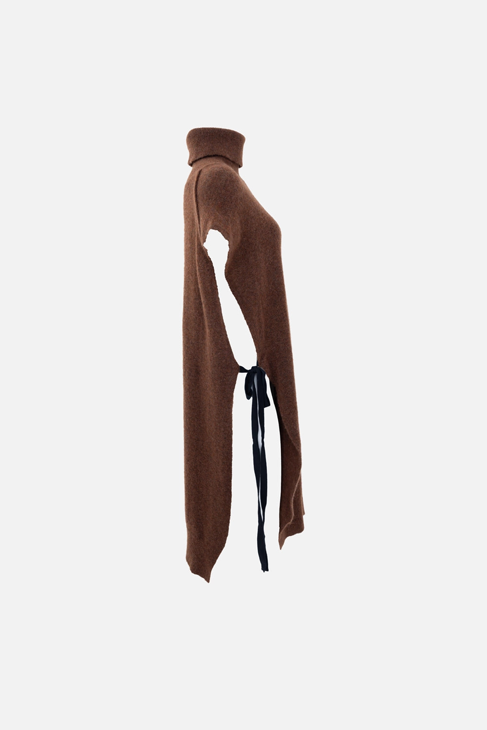 Pre-owned Uma Wang dress in brown, side view, turtleneck with black side-tie detail