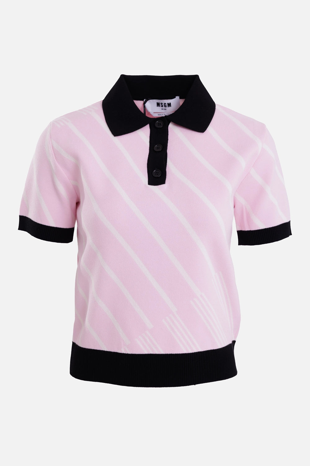 MSGM women's knit polo in pink, white and black, front view with diagonal stripes, black collar and button placket
