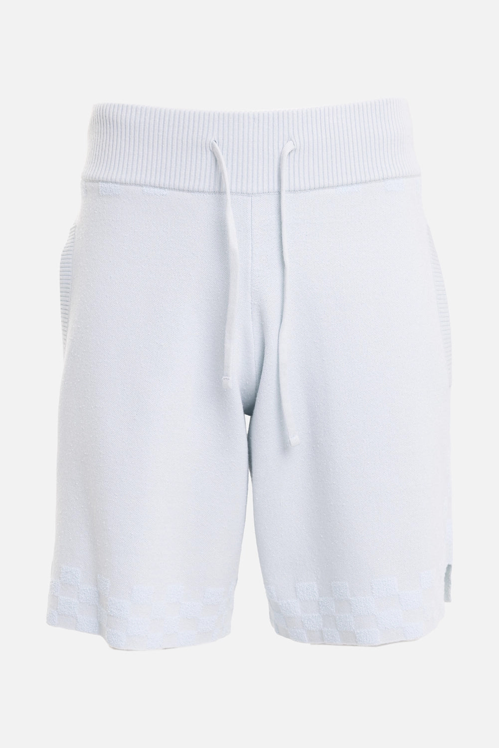 Filling Pieces unisex knit resort shorts in Skyway, front view, ribbed waistband and drawcord