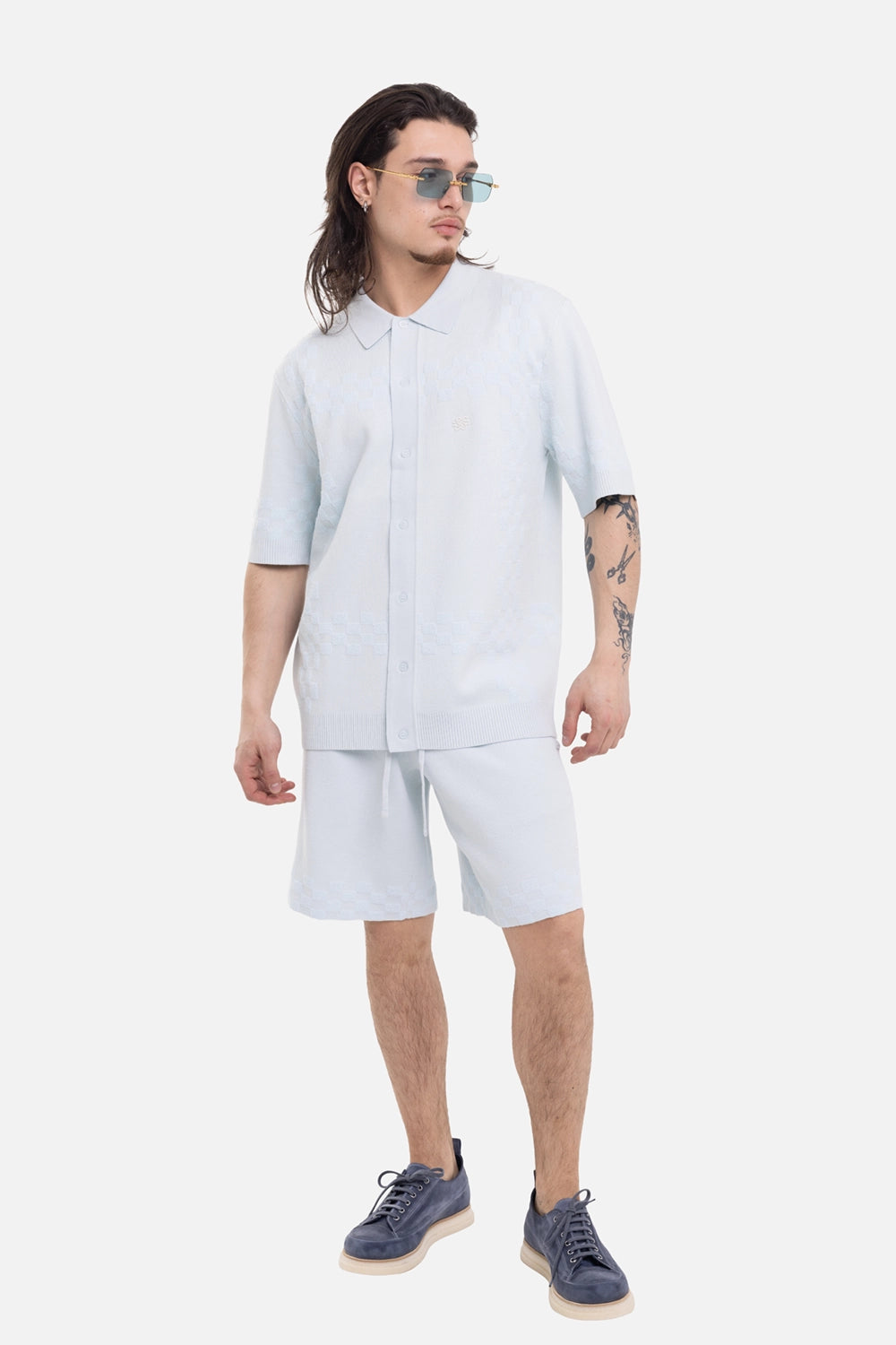 Filling Pieces unisex knit resort shorts in Skyway, on-model full-length view, tonal jacquard texture