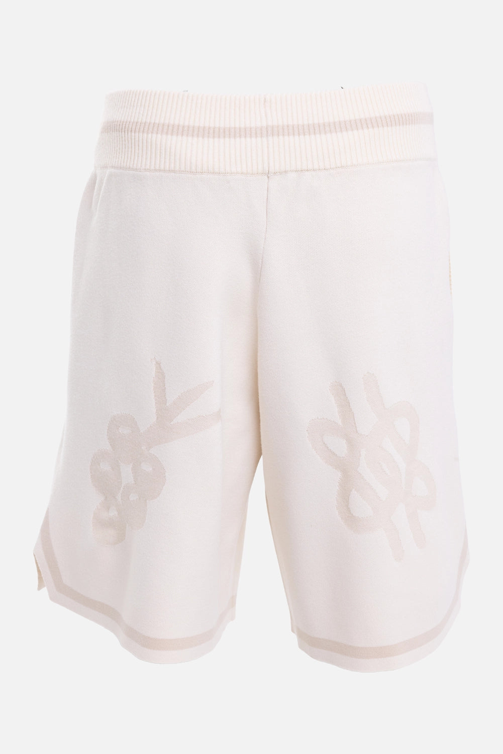 Filling Pieces unisex Knit Shorts Breaking Bread in Antique White, back view with pale logos and ribbed waistband