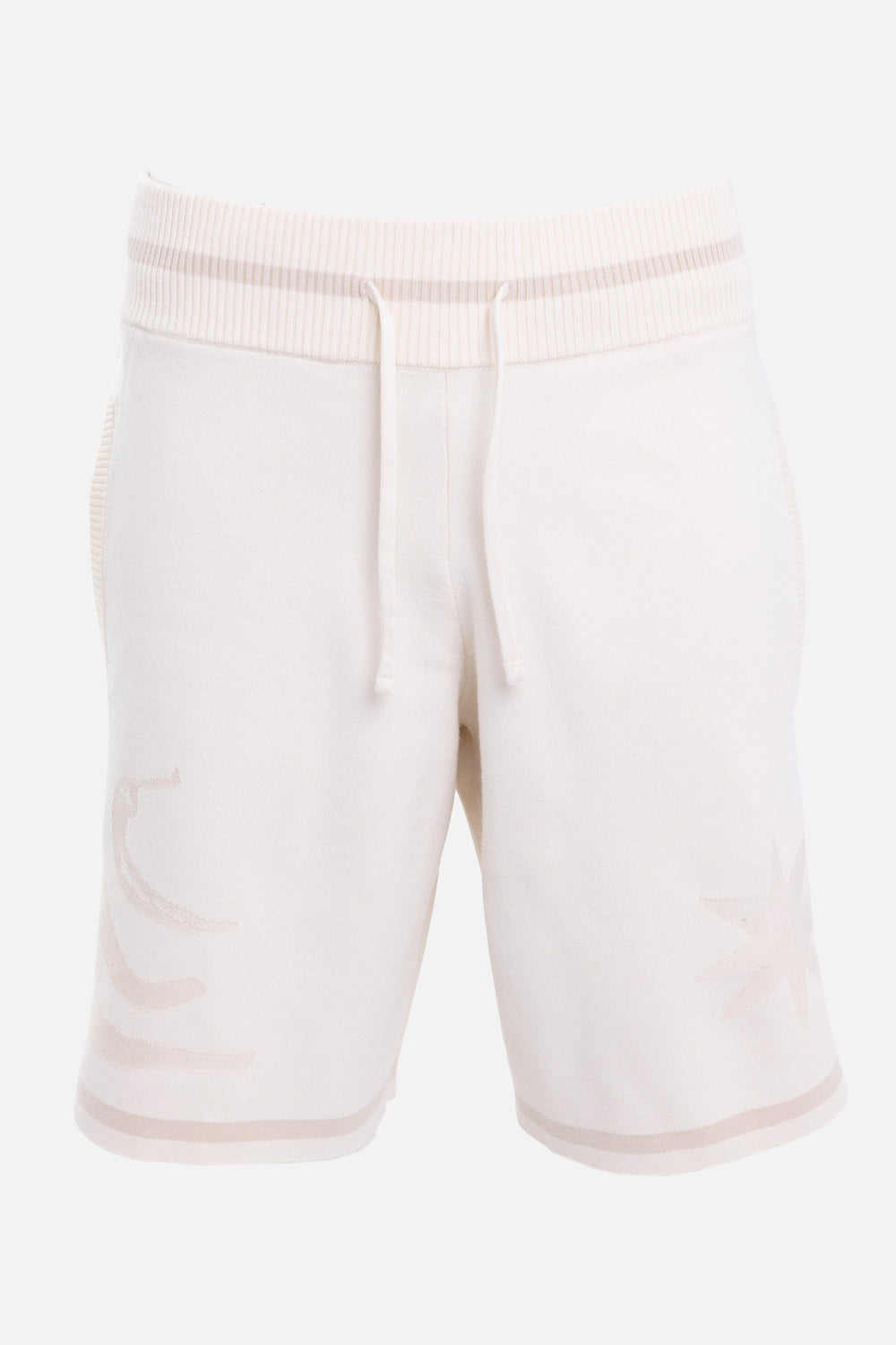 Filling Pieces unisex Knit Shorts Breaking Bread in Antique White, front view with drawstring waist and tonal graphics