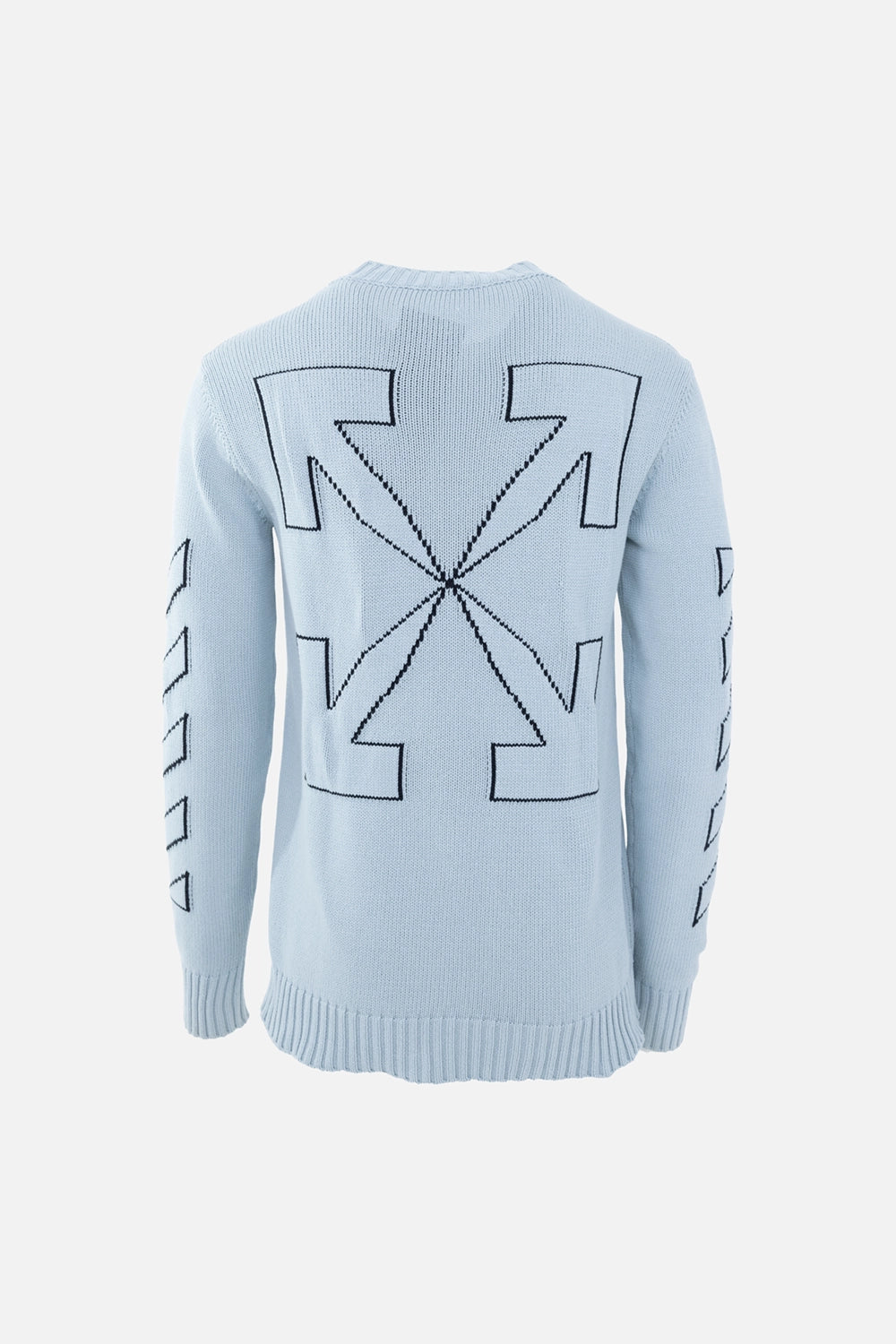 Pre-owned Off-White men's knit sweater in ice blue, back view, large Arrow motif in black intarsia