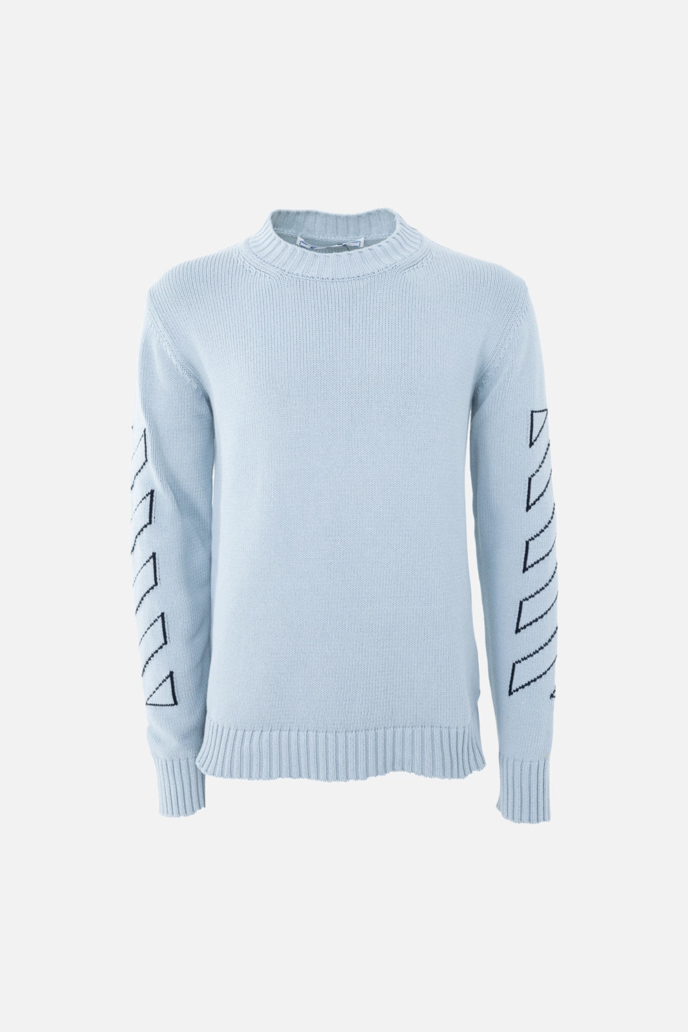 Pre-owned Off-White men's knit sweater in ice blue, front view, ribbed crewneck and diagonal sleeve motif