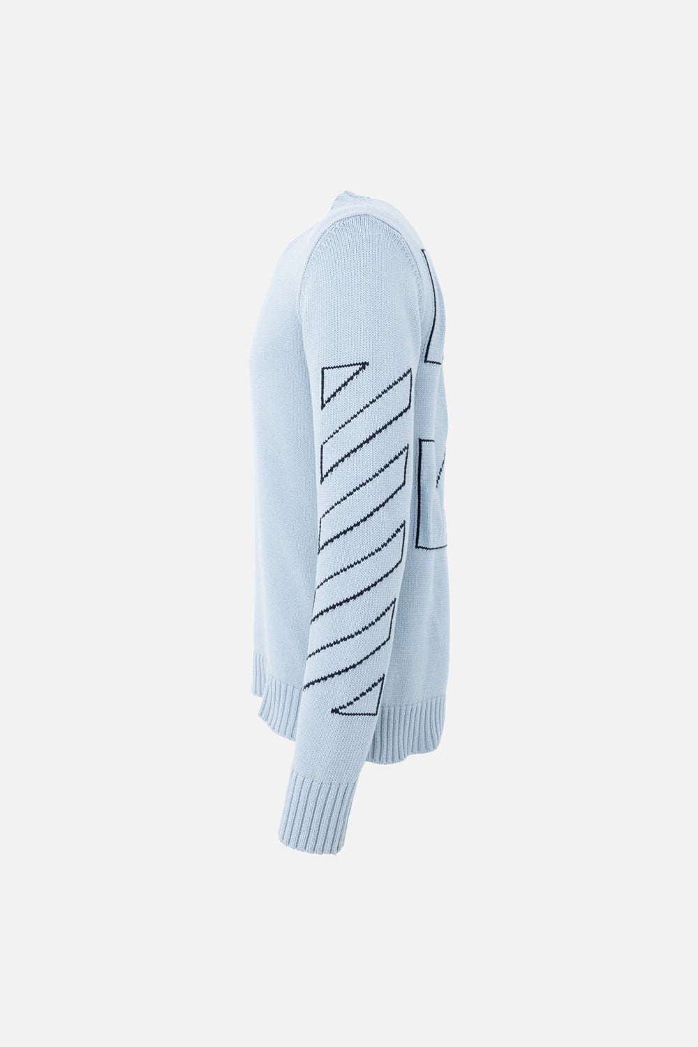 Pre-owned Off-White men's knit sweater in ice blue, side view, diagonal outline graphic along sleeve