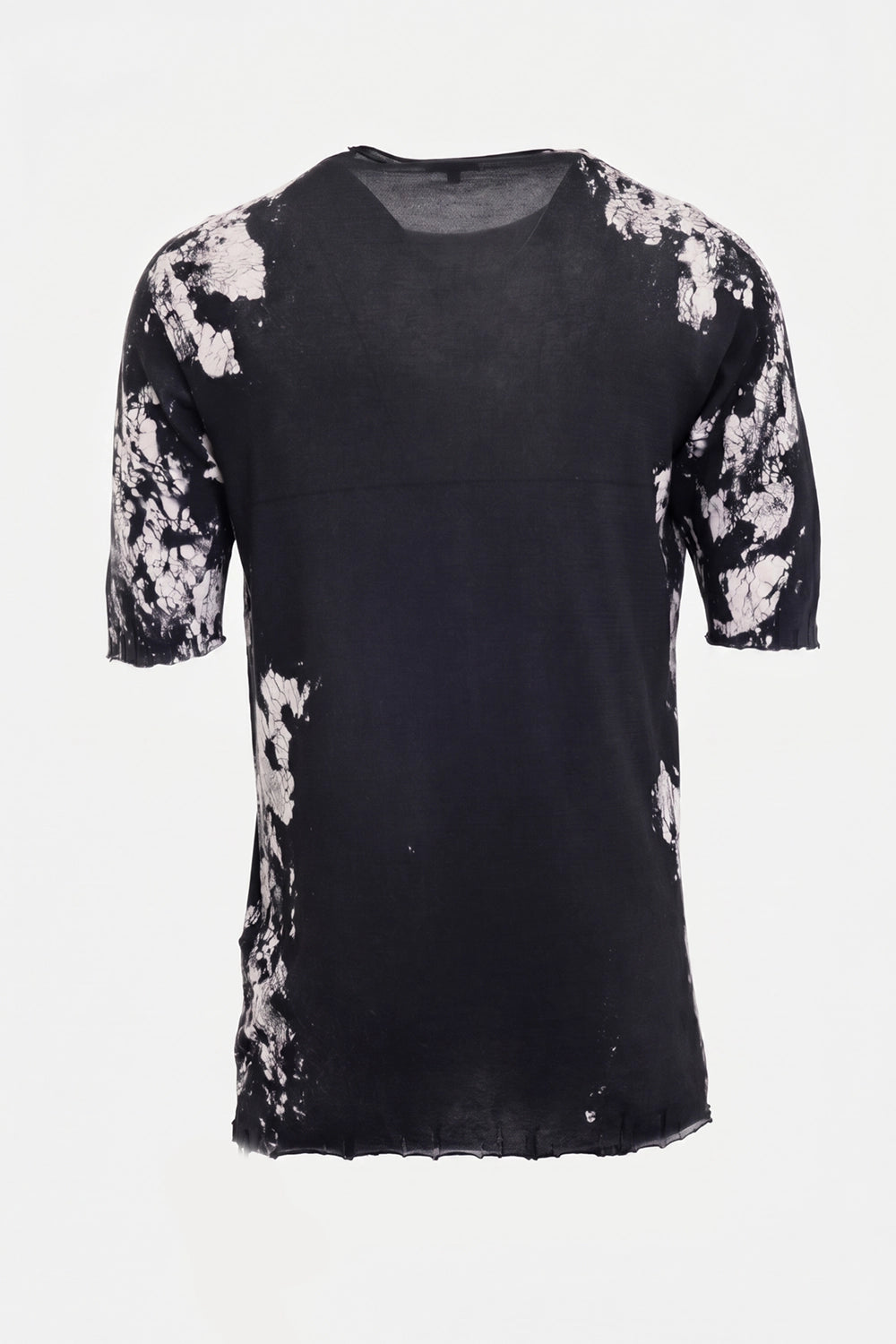 MD75 men's knit T-shirt in black/white, back view, spray-dye sleeves and semi-sheer knit