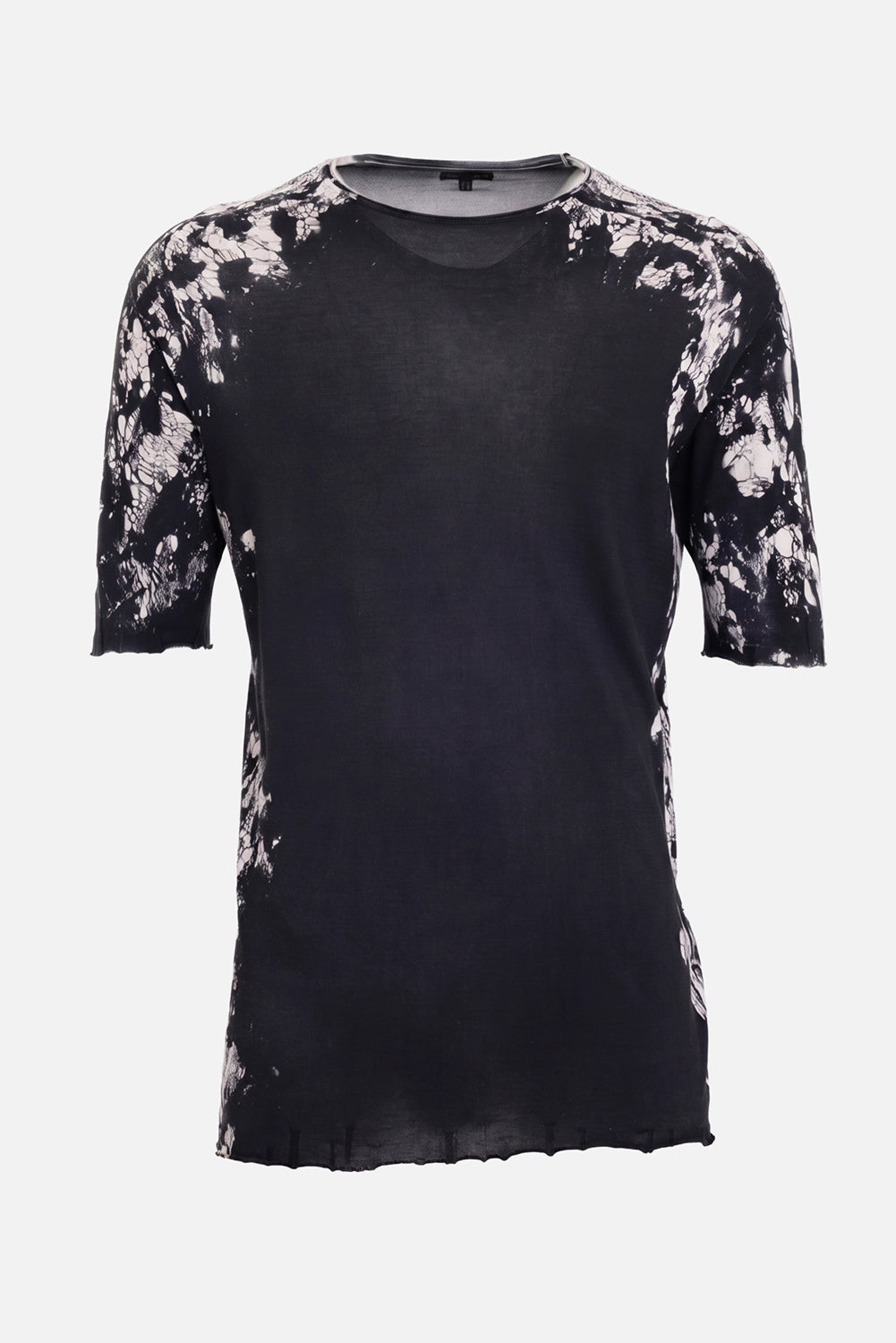 MD75 men's knit T-shirt in black/white, front view, white spray-dye shoulders and raw hem