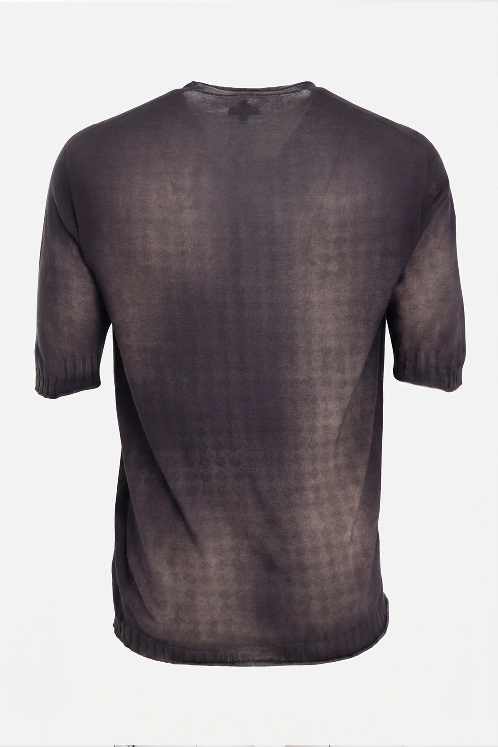 MD75 men's knit T-shirt in dark blue, back view, mottled spray dye and ribbed hem