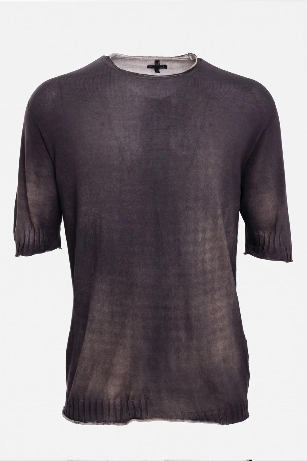 MD75 men's knit T-shirt in dark blue, front view, raw crew neck and semi-sheer cotton knit