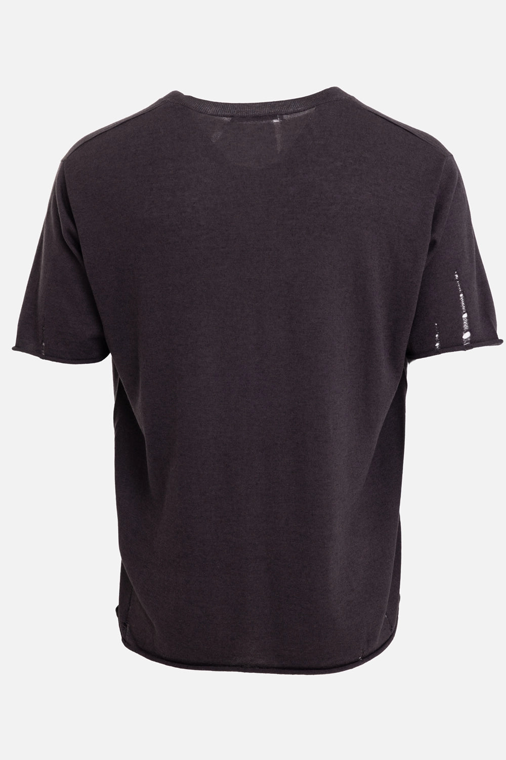 VEIN men's dark brown knit T-shirt, back view, fine sheer knit and raw rolled sleeve and hem edges