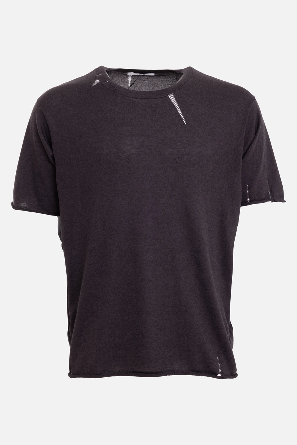 VEIN men's dark brown knit T-shirt, front view, crewneck and laddered slashes at neckline and hem