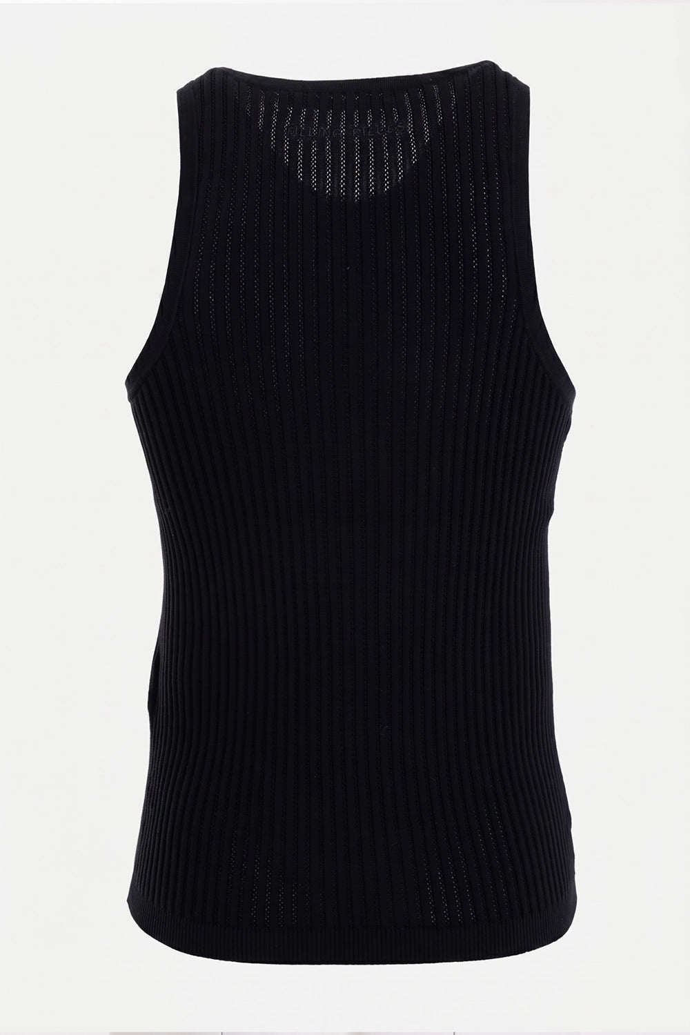 Filling Pieces unisex tank top in black, back view with deep armholes and semi-sheer ribbed knit