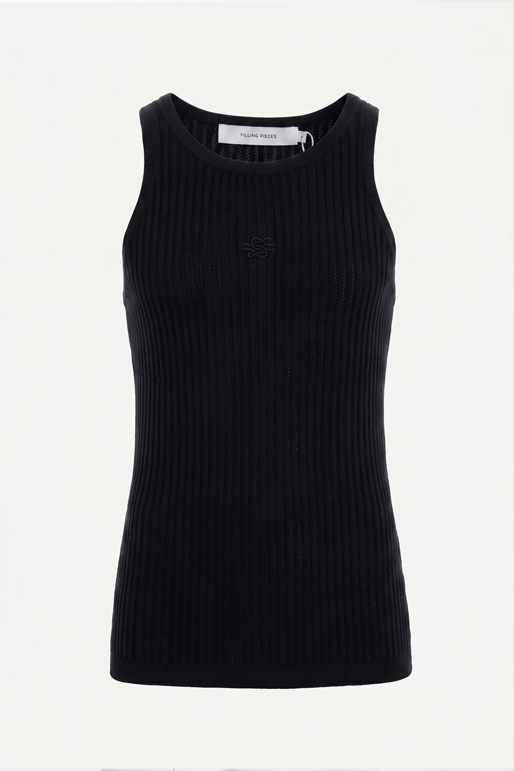Filling Pieces unisex tank top in black, front view with ribbed knit texture and tonal chest logo
