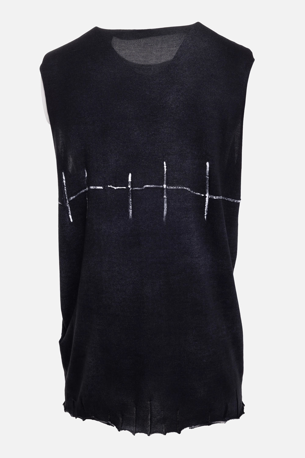 MD75 men's knit tank top in black, front view, ribbed crew neck and hand-painted white line graphic