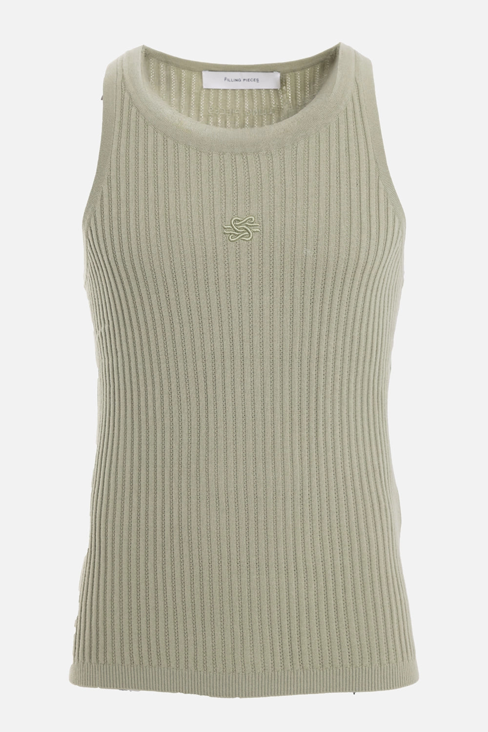 Filling Pieces men's knit tank top in Tea, front view, ribbed knit and tonal chest embroidery