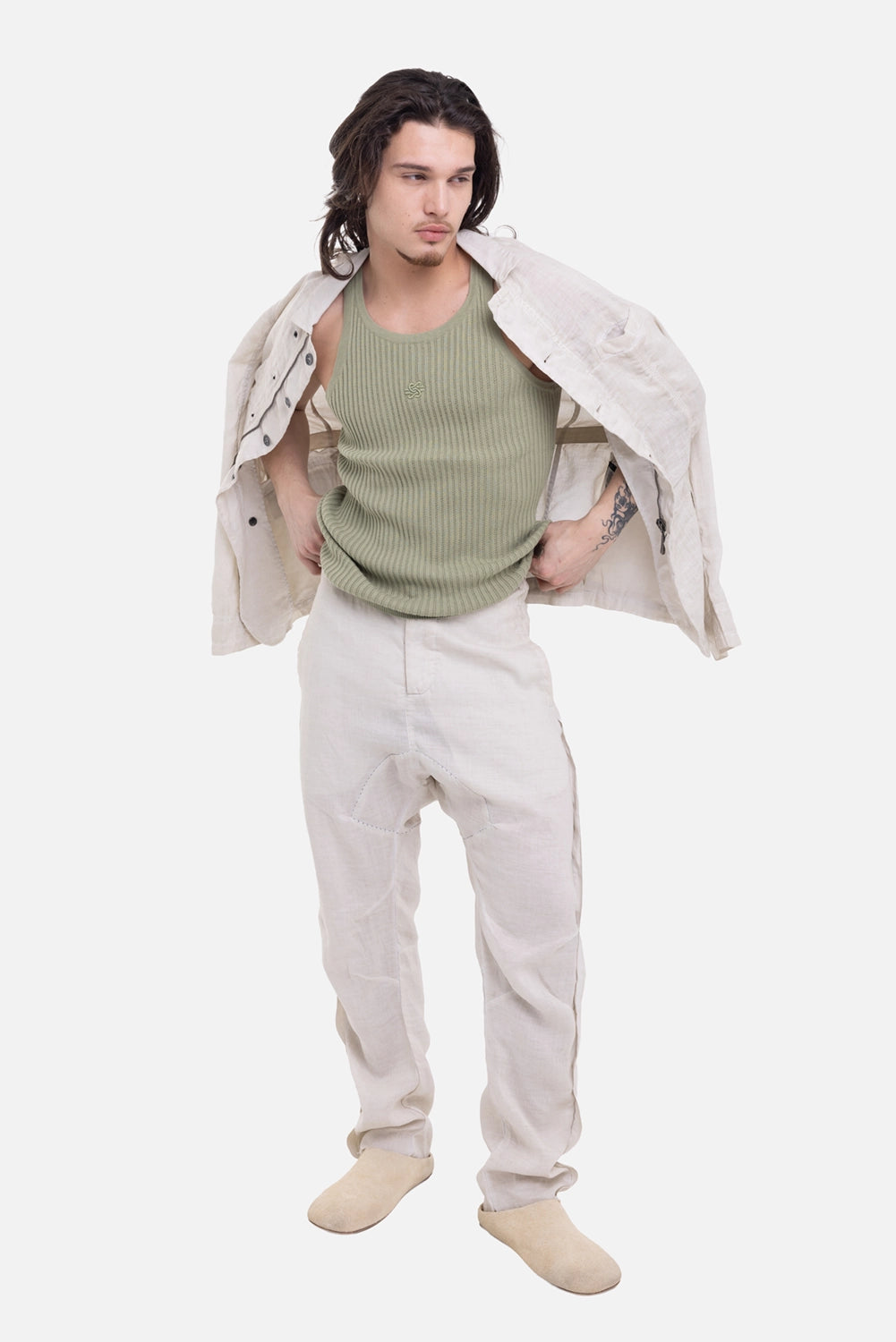 Filling Pieces men's knit tank top in Tea, on-model full-length view, sleeveless ribbed fit