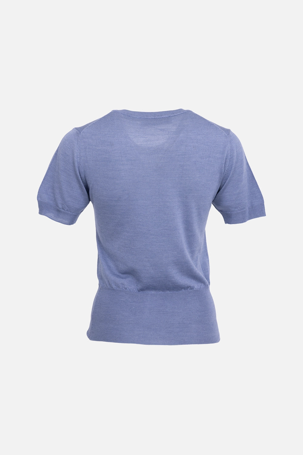 Vivienne Westwood womens knit top in ice blue, back view, wide ribbed hem band