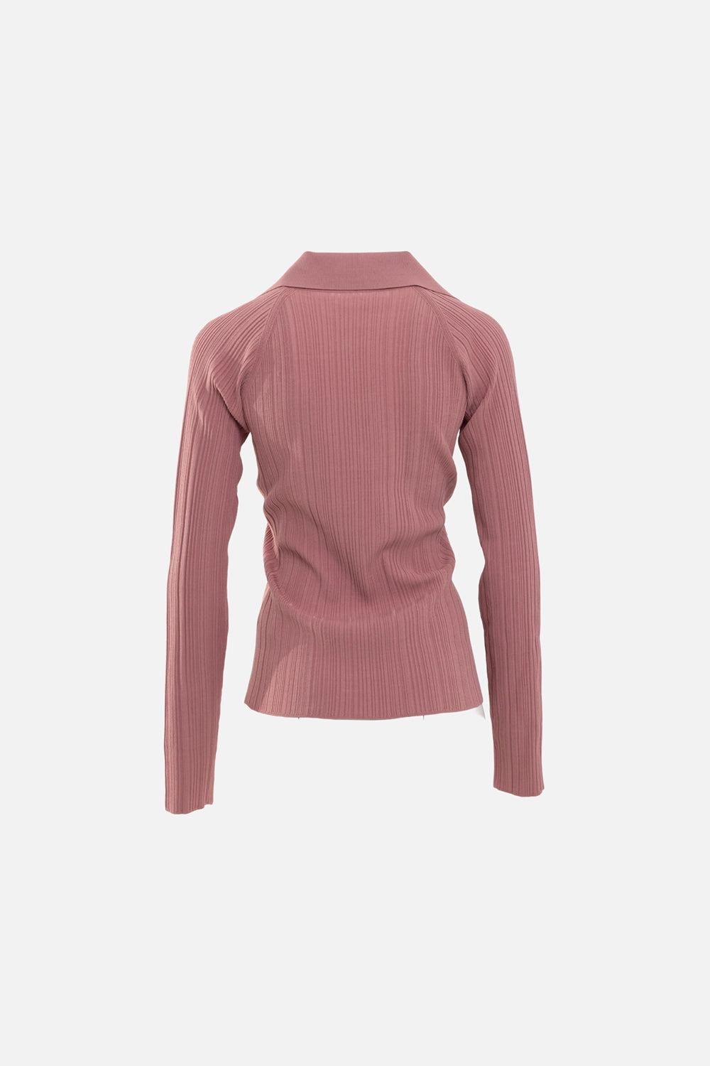 JOSEPH womens knit top in musk, back view, fitted silhouette with raglan shoulders and wide polo collar