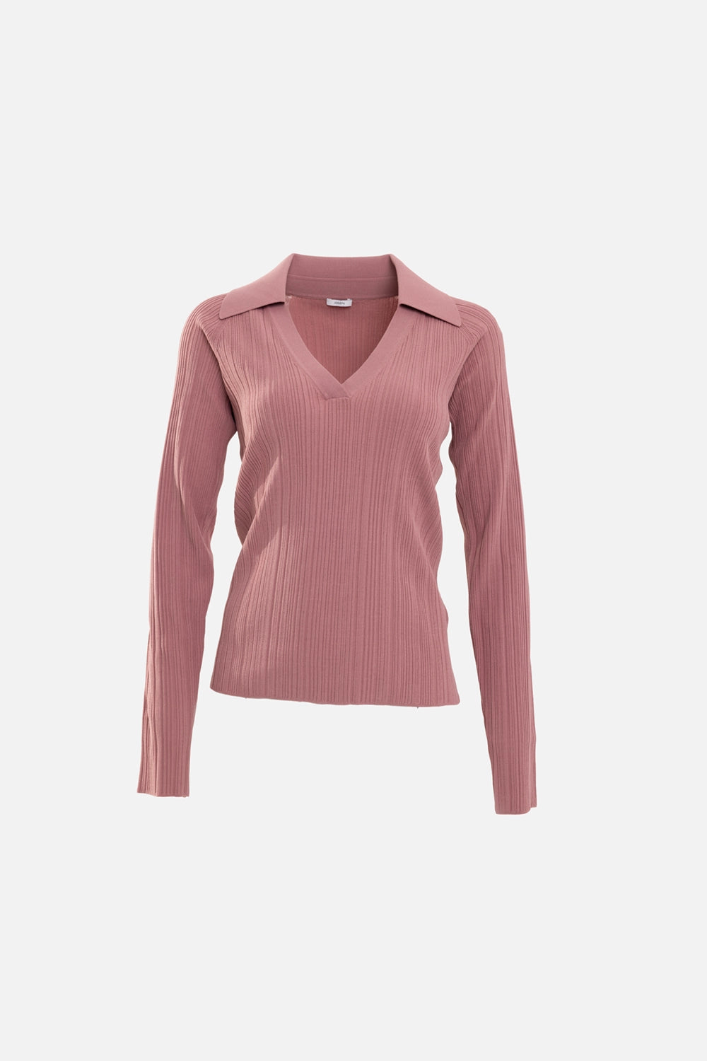 JOSEPH womens knit top in musk, front view, V-neck polo collar and vertical plissé rib texture