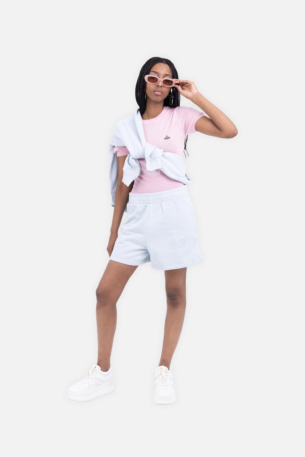 Vivienne Westwood womens knit top in pink, on-model full length, multicolour Orb chest embroidery