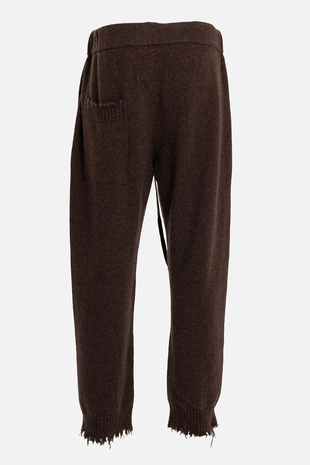 Uma Wang men's brown knit trousers, back view with ribbed patch pocket, red stitch detail and frayed cuffs