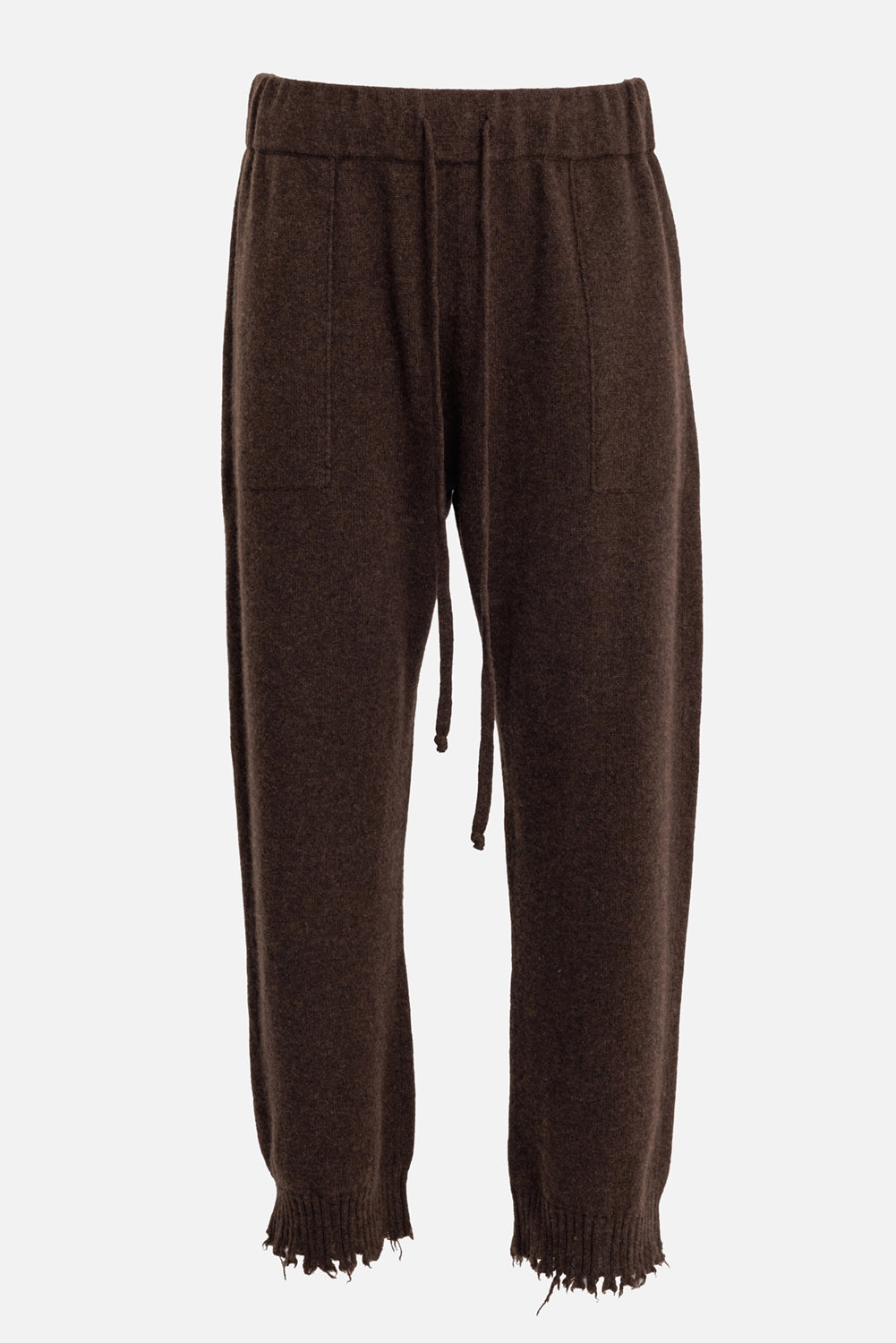 Uma Wang men's brown knit trousers, front view with drawstring waist, straight leg and frayed ribbed cuffs