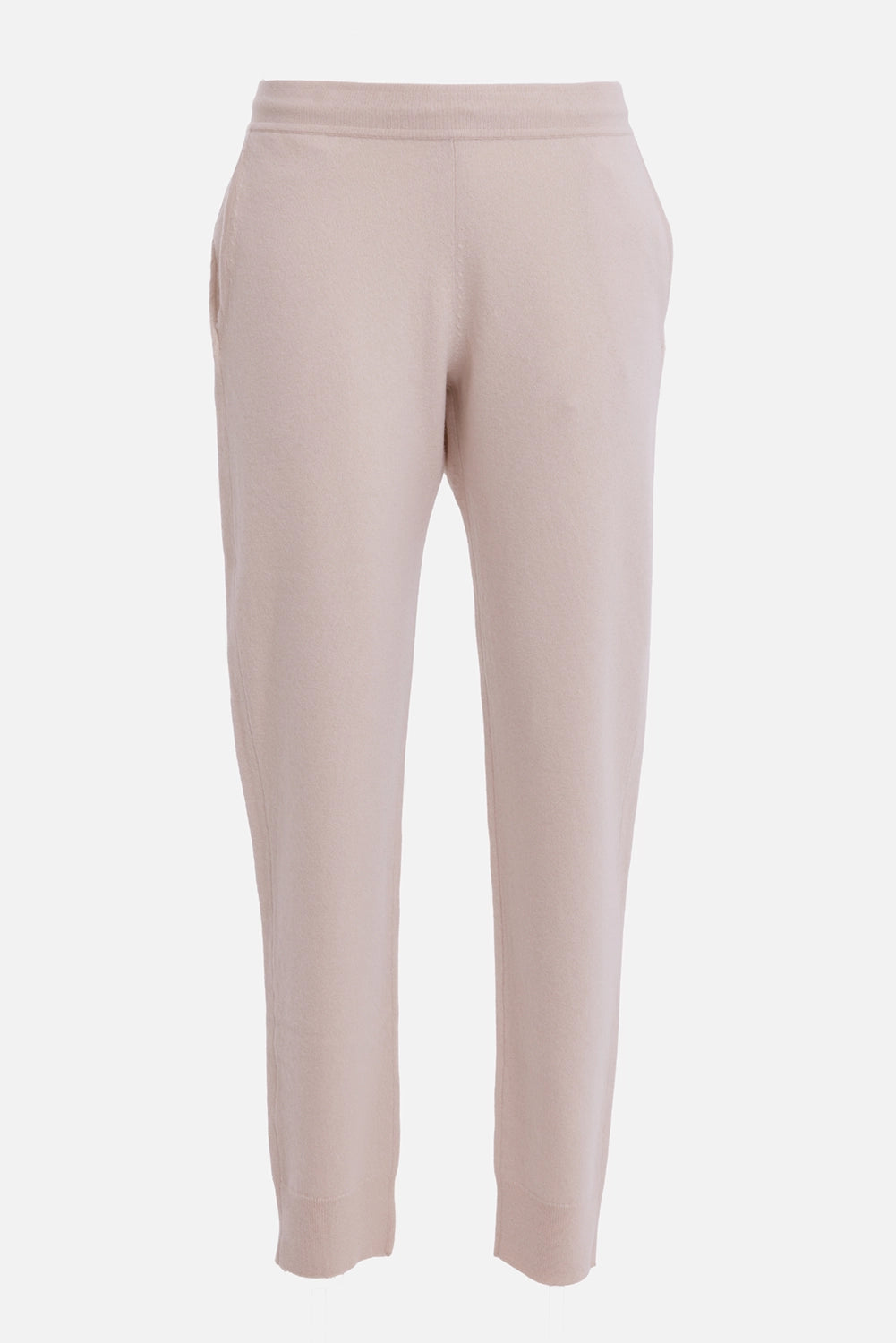 Women’s knit trousers in stucco, front view with ribbed waistband and slim tapered legs