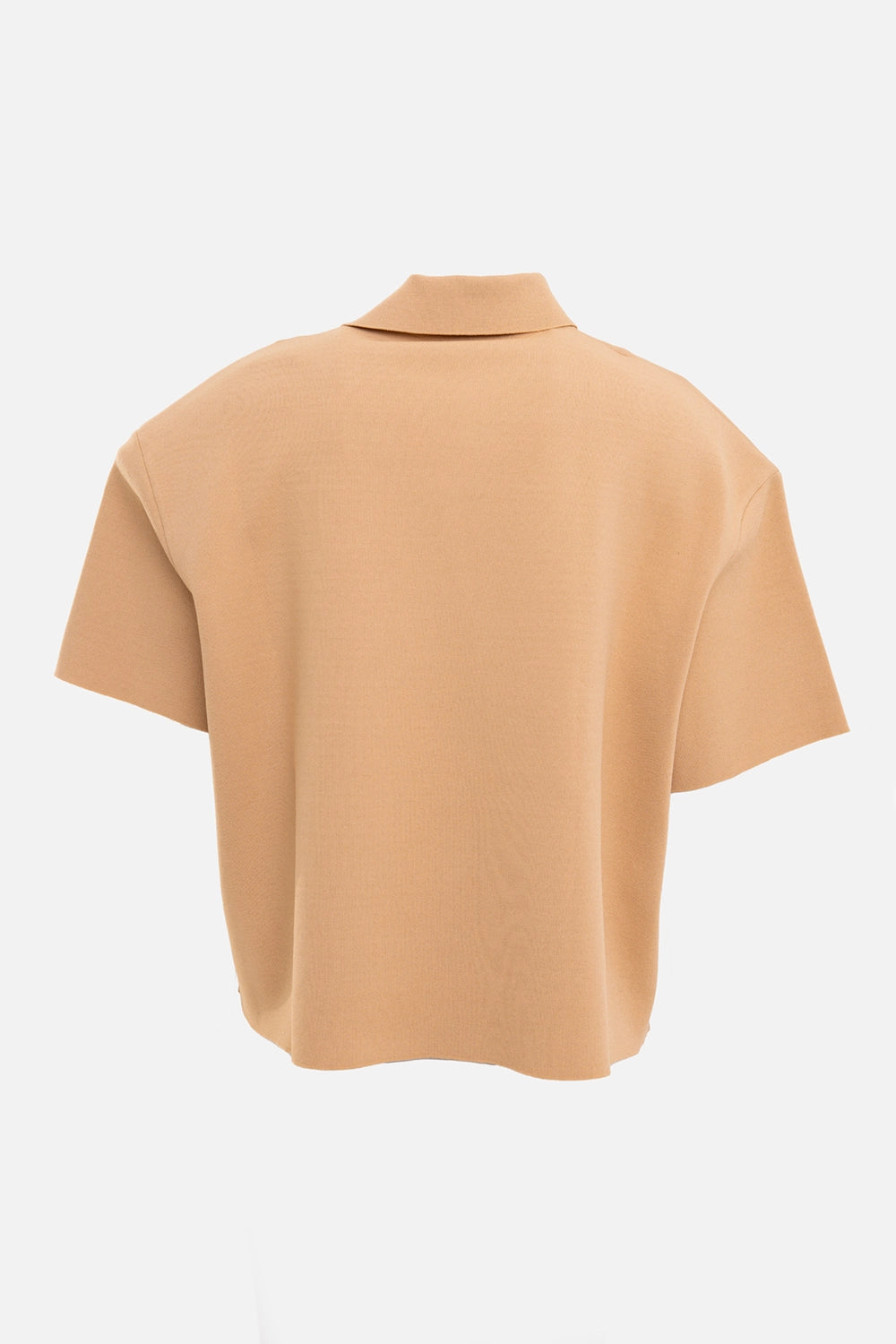 A.W.A.K.E. MODE women's knitted rugby top in camel, back view, dropped shoulders and plain knit back