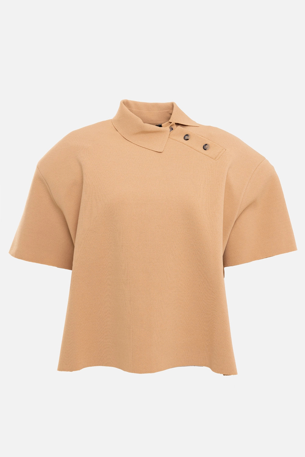 A.W.A.K.E. MODE women's knitted rugby top in camel, front view, shoulder buttons and point collar