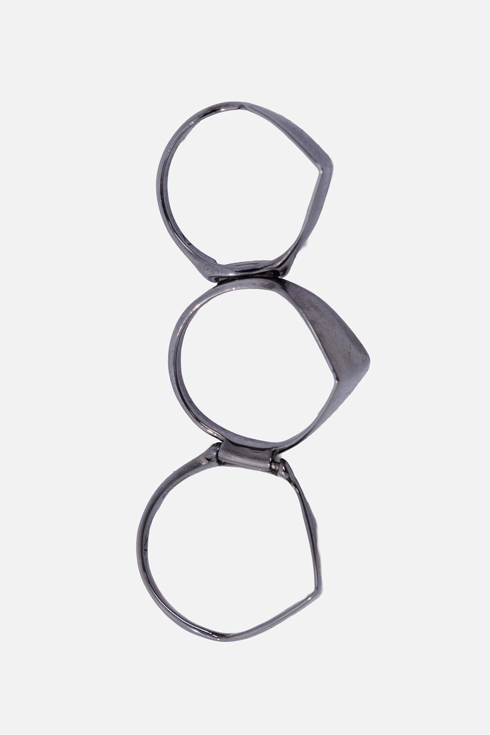Vivienne Westwood unisex Knuckleduster ring in ruthenium, side view with three hinged bands and polished edges