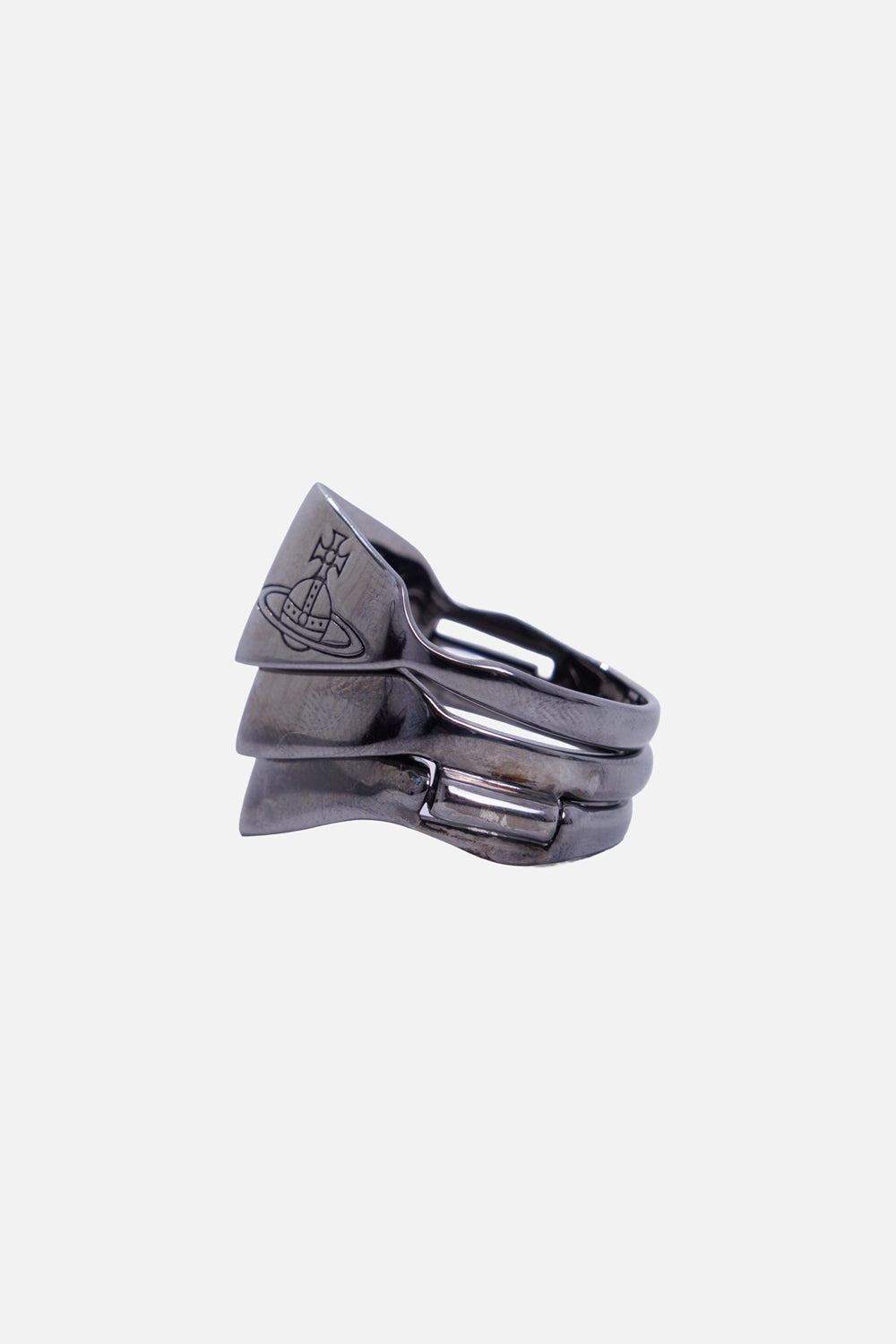 Vivienne Westwood unisex Knuckleduster ring in ruthenium, unfolded view showing three connected finger loops