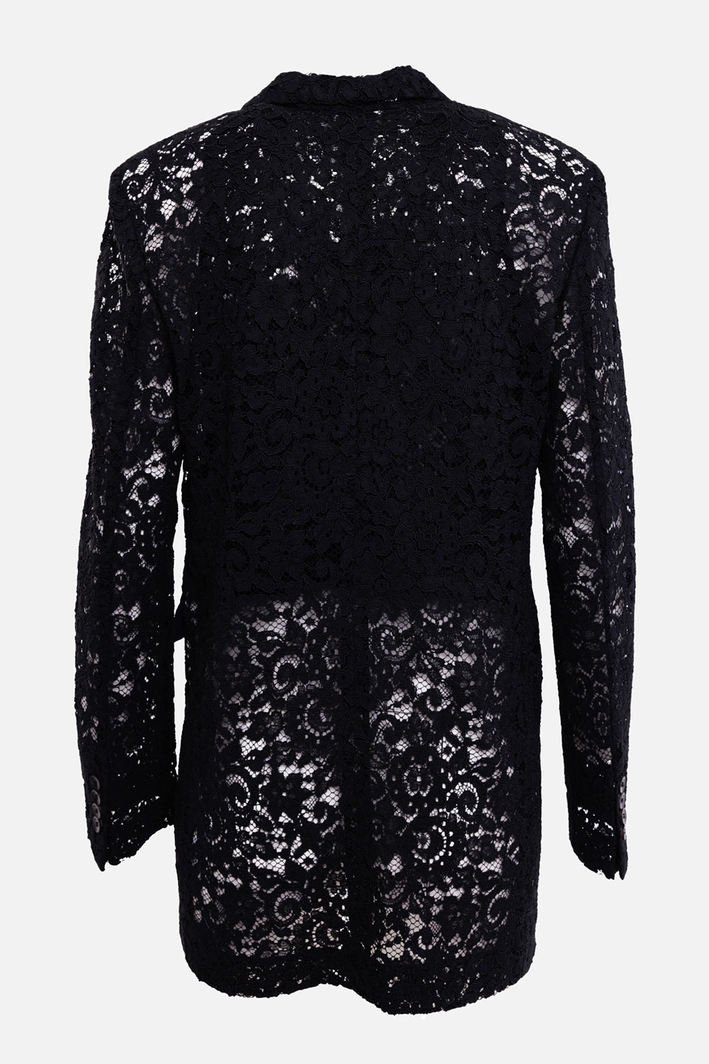 Blumarine women's lace blazer set in black, back view, sheer floral lace and buttoned cuffs