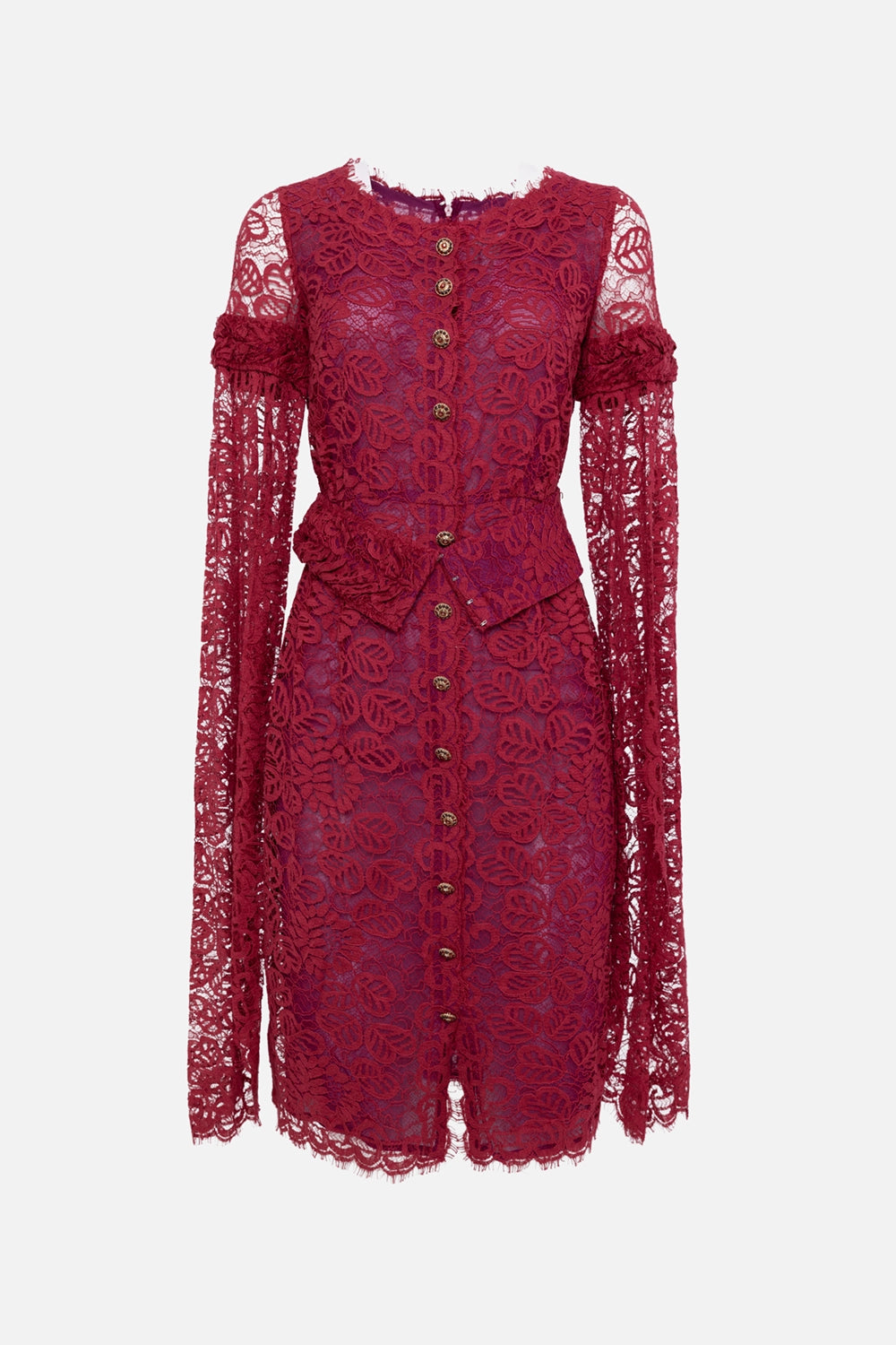 Pre-owned Chanel women's lace dress in burgundy, front view, gold-tone logo buttons and peplum waist.