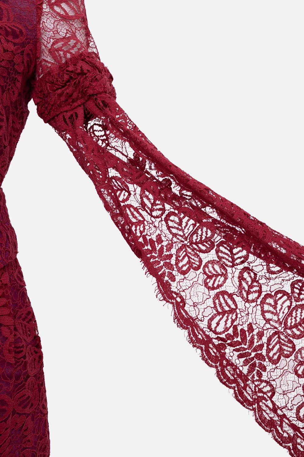 Pre-owned Chanel women's lace dress in burgundy, sleeve detail, long lace drape panel with floral motif.