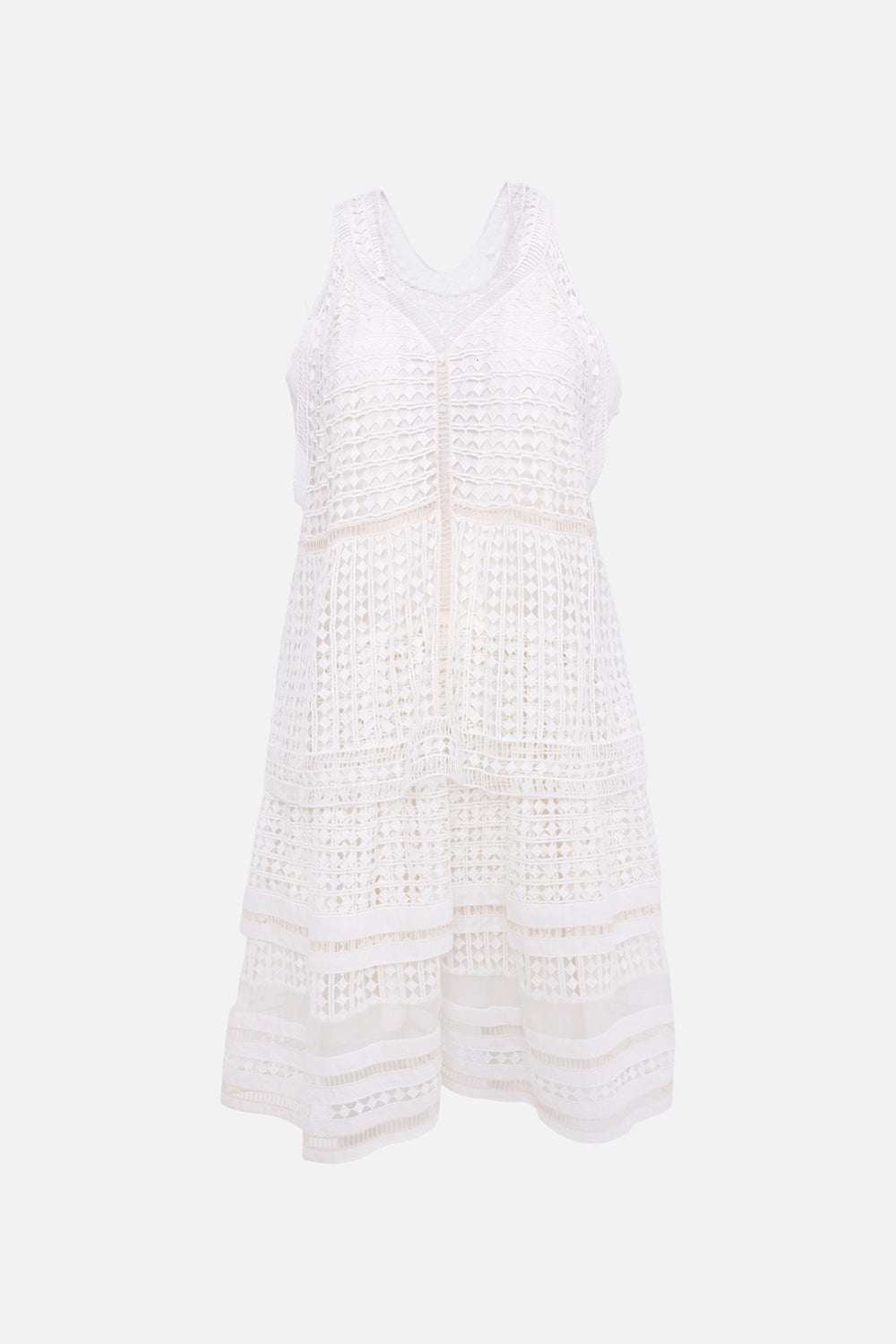 Pre-owned Chloé women's lace dress in milk, front view, V-neck bodice and tiered openwork skirt
