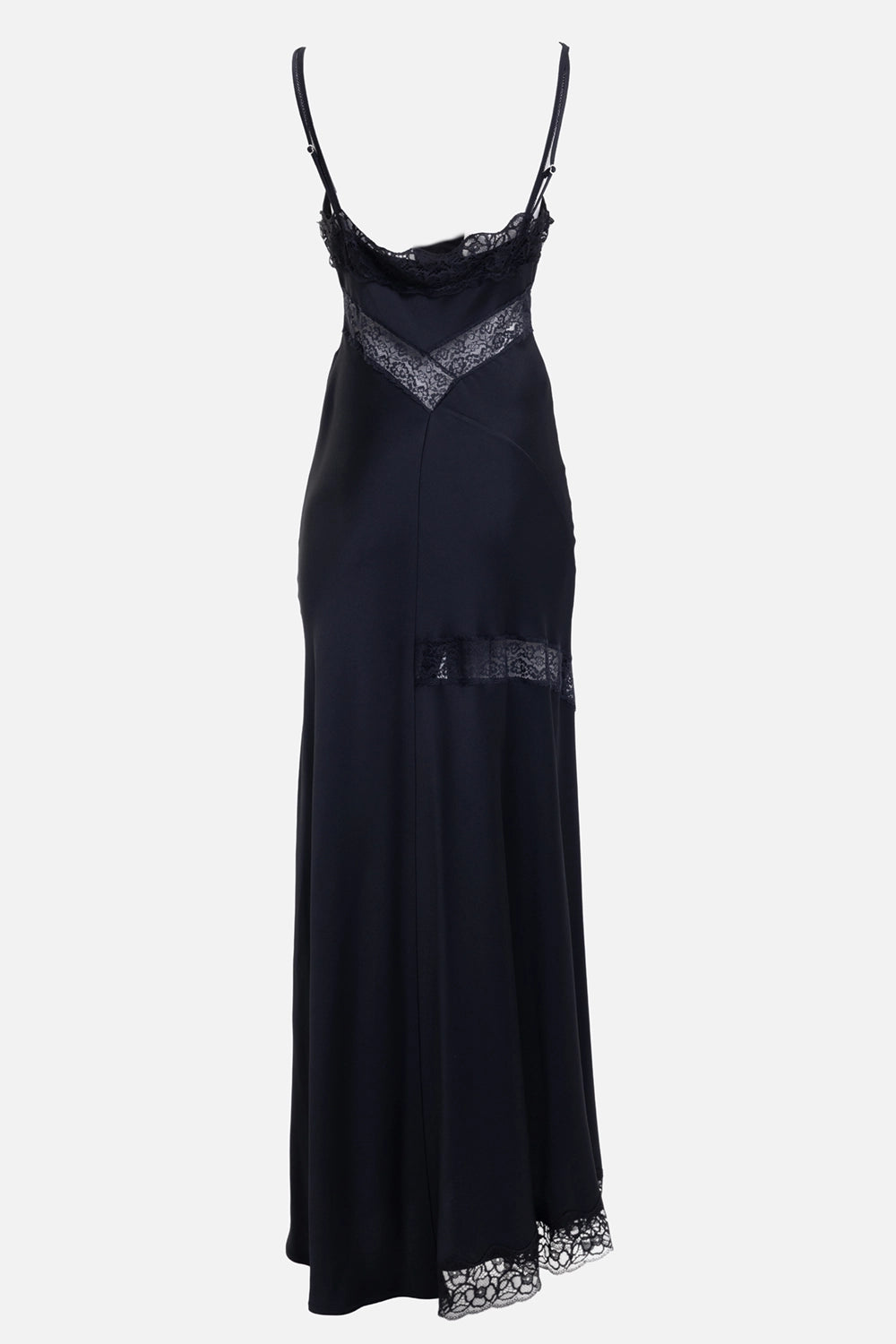 MSGM women's lace-panel satin maxi dress in Black, back view, adjustable straps and sheer lace panel