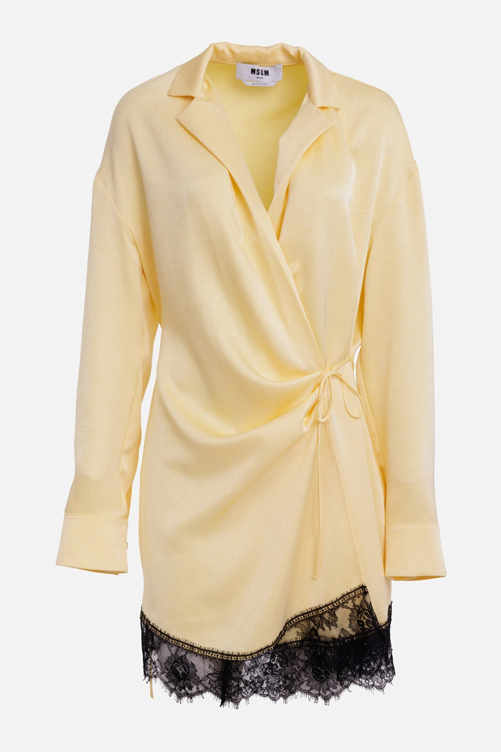 MSGM women's pale yellow satin mini dress, front view with notched collar, side tie and black floral lace