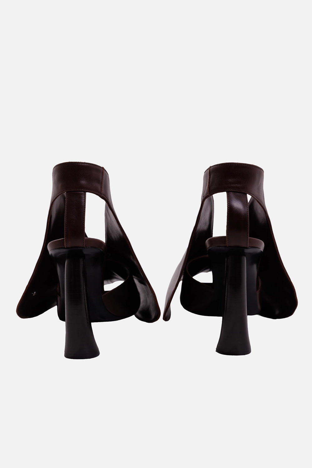 A.W.A.K.E. MODE women's brown leather sandals, back view with slingback straps and sculptural curved heels