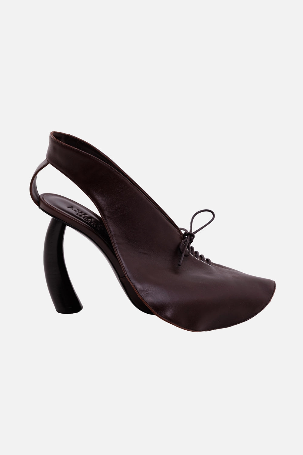 A.W.A.K.E. MODE women's brown leather sandals, side view with curved 100 mm heel and open slingback