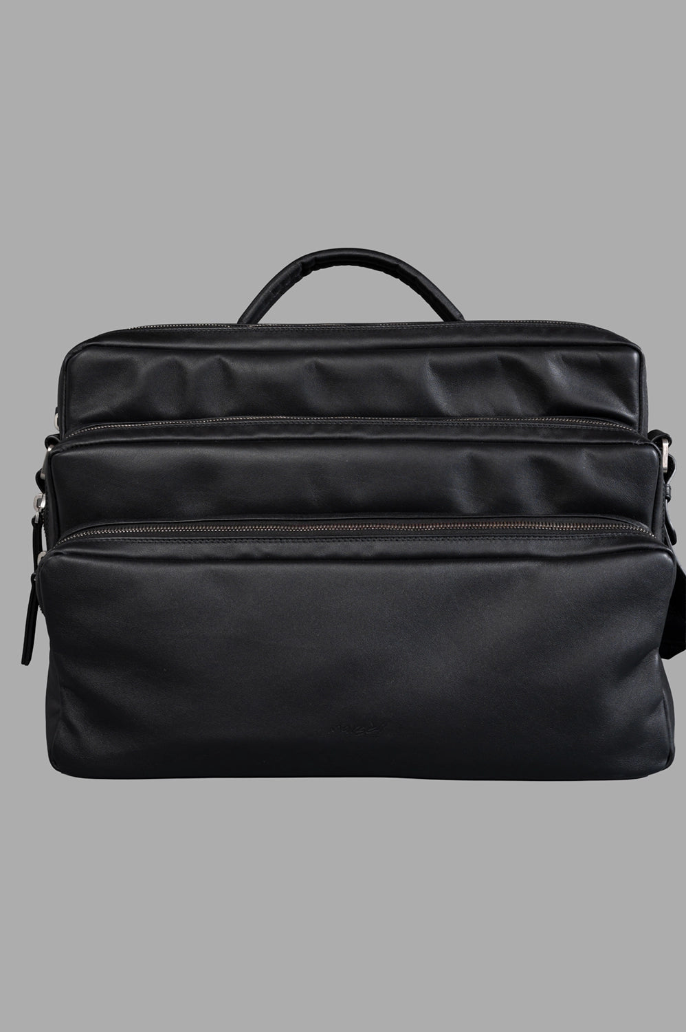 Marsèll laptop bag in black, front view, three zip compartments