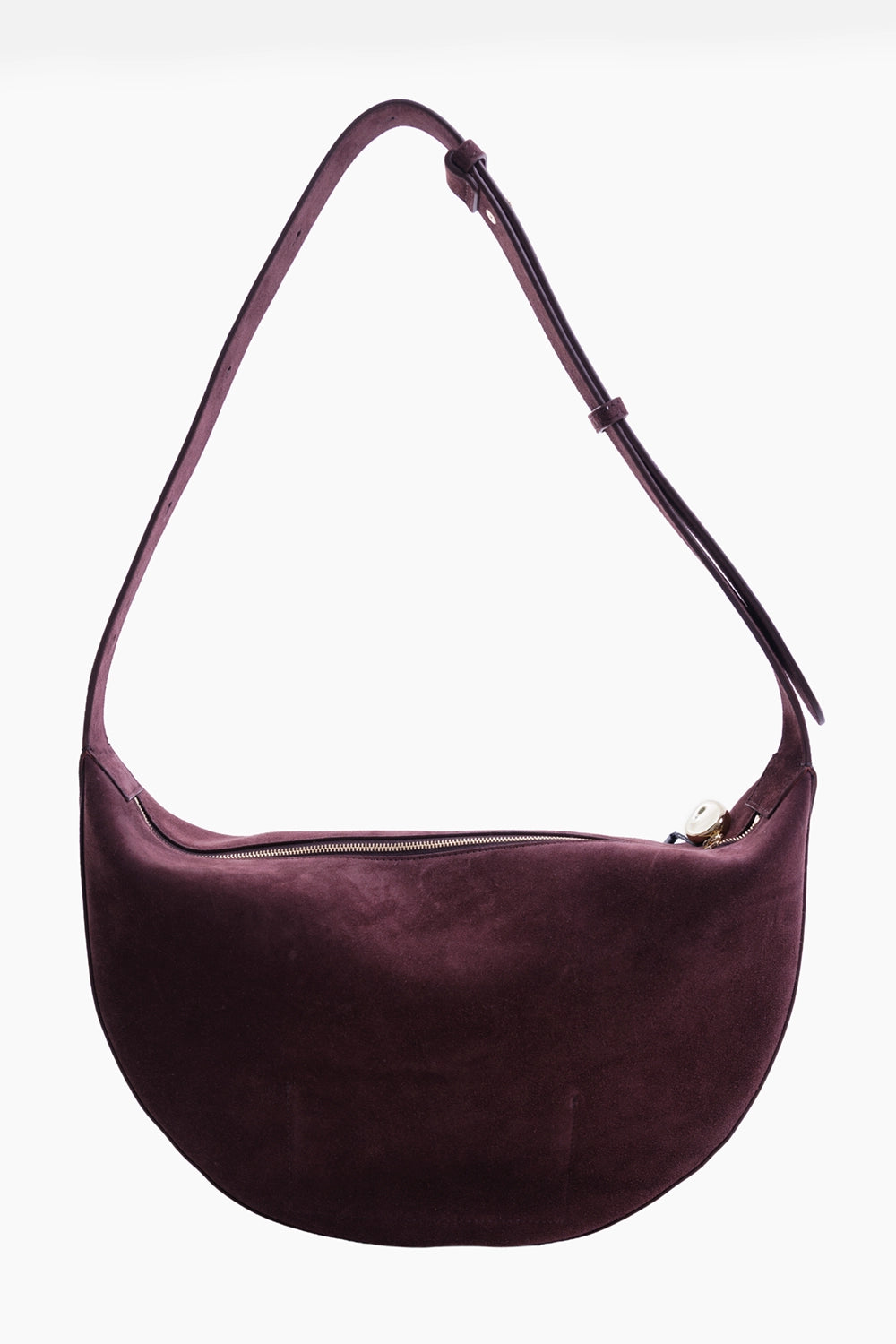 JOSEPH women's Large Bean bag in mahogany suede, front view with curved body, adjustable strap and gold-tone zip